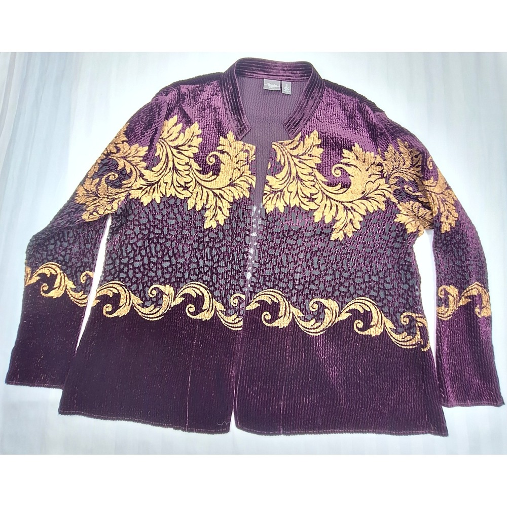 Chicos Travelers Collection Purple Velvet Gold Metallic Scroll Jacket Size 3 XL